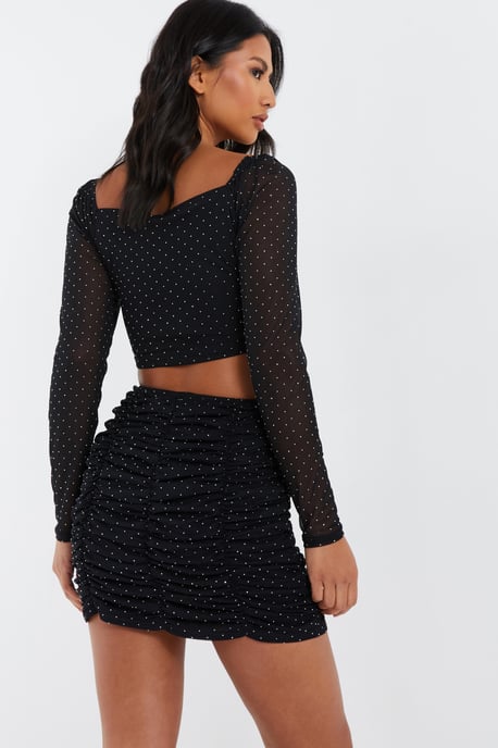 Black Diamante Mesh Mini Skirt