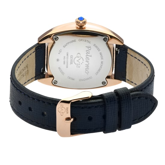 GV2 Women's Palermo Diamond Swiss Quartz MOP Black Dial, Genuine Black Handmade Leather Watch