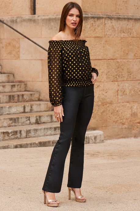 Black & Gold Metallic Spot Bardot Top