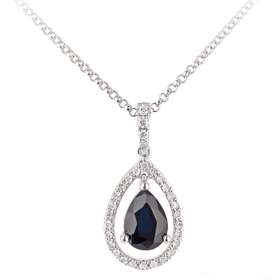 18kt witgouden ketting met druppelvormige hanger van saffier en diamant - Image 1