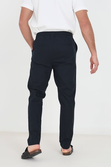 Navy 'Beach' Relaxed Fit Linen Blend Trousers