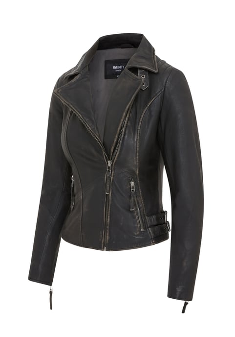 Womens Black Leather Brando Biker Jacket - Finnsnes