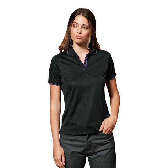 Premier Dames/dames Contrast Coolchecker Poloshirt (Zwart/Paars) - Image 3