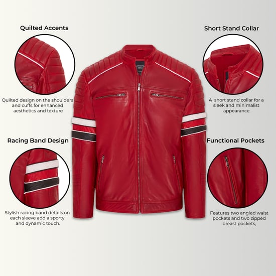 Mens Red Quilted Leather Biker Racing Jacket- Brevik