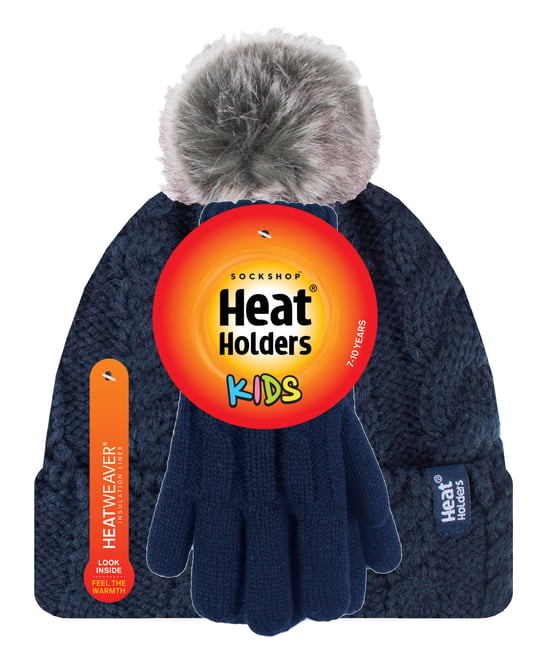 Heat Holders Meisjes Cable Bobble Muts En Handschoenen Set - Marine - Image 2