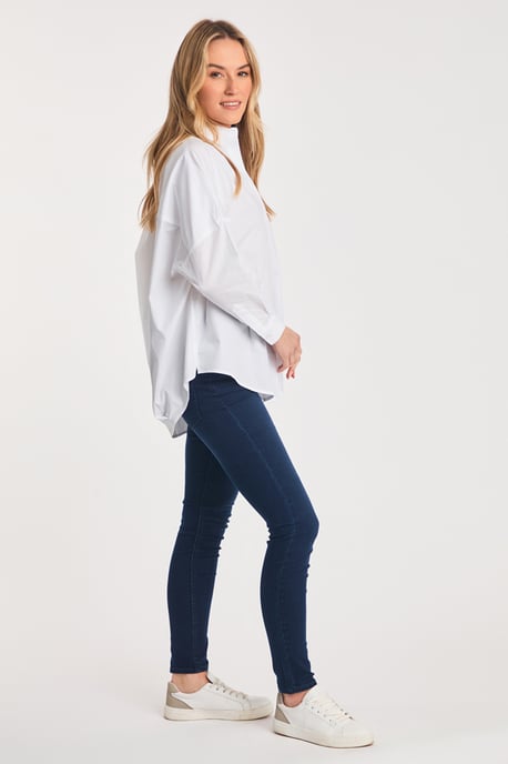 White Cotton Long Sleeve Poplin Popover High-Low Hem Shirt - Image 3