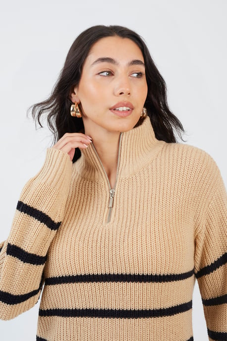 Camel Striped Knitted Half Zip Mini Dress