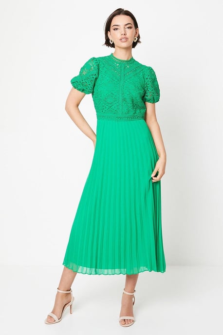 Lace Puff Sleeve Pleated Midi Dress - Image 1