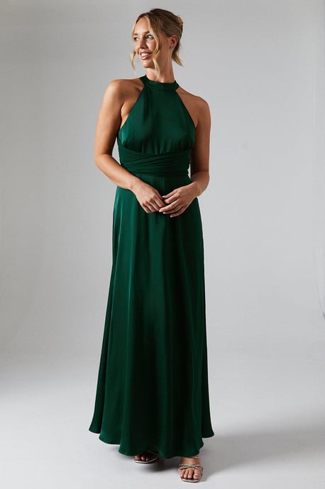 Wrap Waist Detail Satin Halter Neck Bridesmaids Dress - Image 1