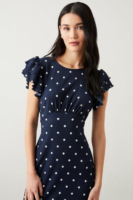 Navy Spot Print Ruffle Sleeve Empire Midi Dress - Image 4
