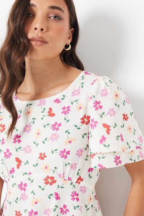 Petite Ivory Floral Angel Sleeve Empire Seam Mini Dress
