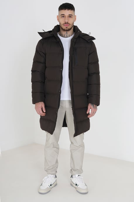 Brown Longline Hooded Padded Puffer Jacket