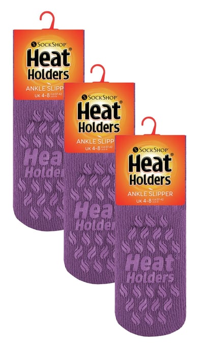 3 Paar Multiverpakking Dames Enkelpantoffelsokken | Heat Holders | Fleece laag uitgesneden pluizige damessokken met grijpers - Lila - Image 2