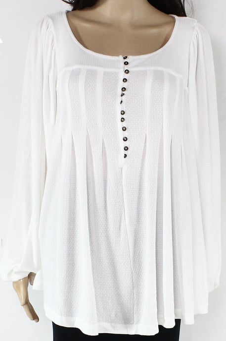 Free People Women's Blouse White Ivory Waffle-Knit Solid