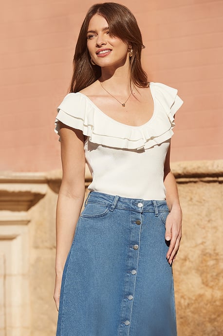 White Ruffle Detail Bardot Knitted Top