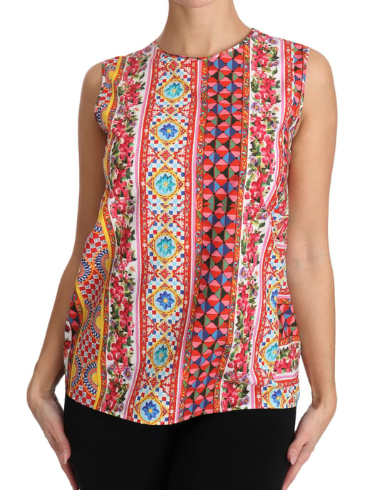 Dolce & Gabbana Dames Carretto Print 100% Katoenen Tanktop Bloemen Blouse - Image 4