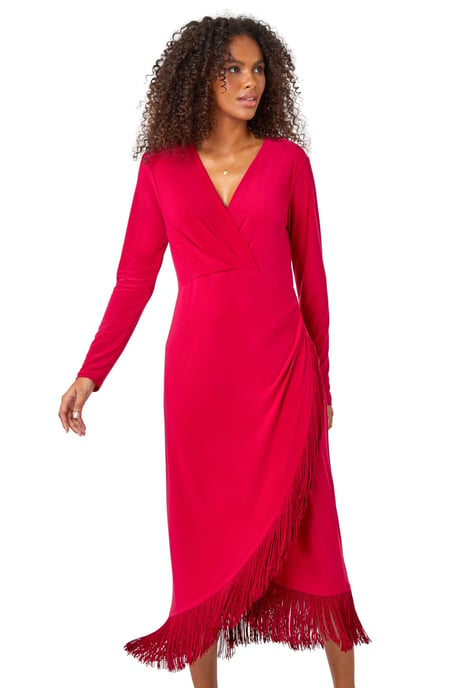 Tassel Trim Stretch Wrap Dress
