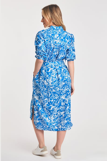 Blue Floral Print Short Sleeve Midi Shirt Dress - Image 2