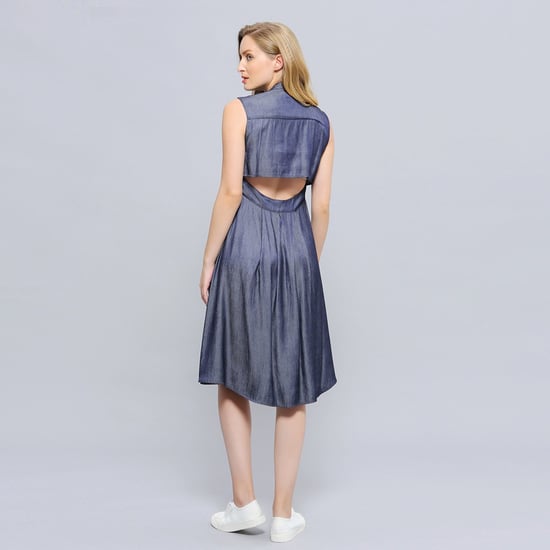 Open flap back fit-an- flare shirt dress