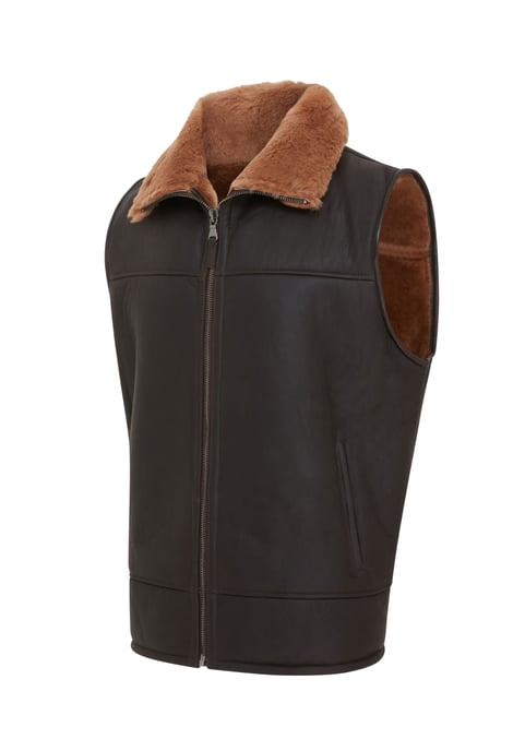 Mens Brown Aviator Shearling Bomber Gilet - Ambler