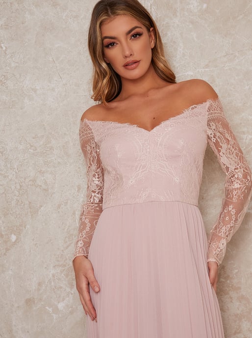 Curve Lace Bridesmaid Maxi Dress With Long Sleeves in Blush