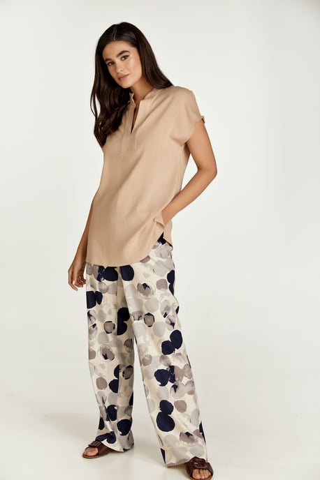 Grey Print Linen Style Wide Leg Pants