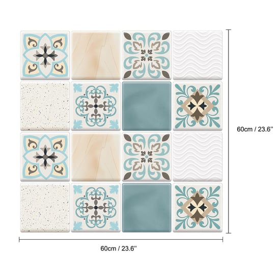 Spanish Retro Mediterranean Crush DIY Self Adhesive Glossy 3D Tile Stickers 15 x 15cm (6in x 6 in) - 16pcs in a pack, 3D Tiles Wall Stickers, Kitchen, Bathroom, Living room, peel and stick