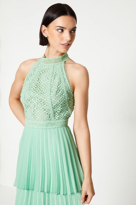 Lace Sleeveless Pleated Tiered Midaxi Dress