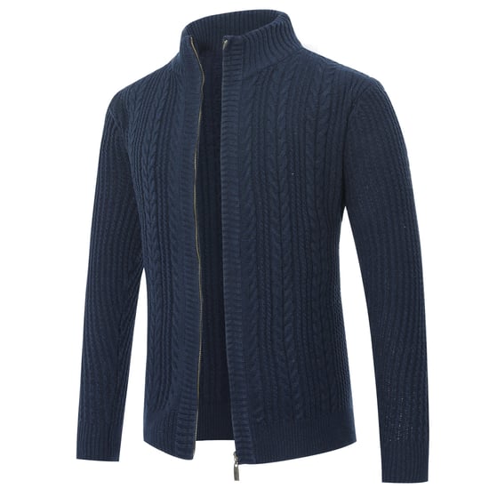Men's Cardigan with Zip Cardigan Chunky Knit with Stand-Up Collar Blue