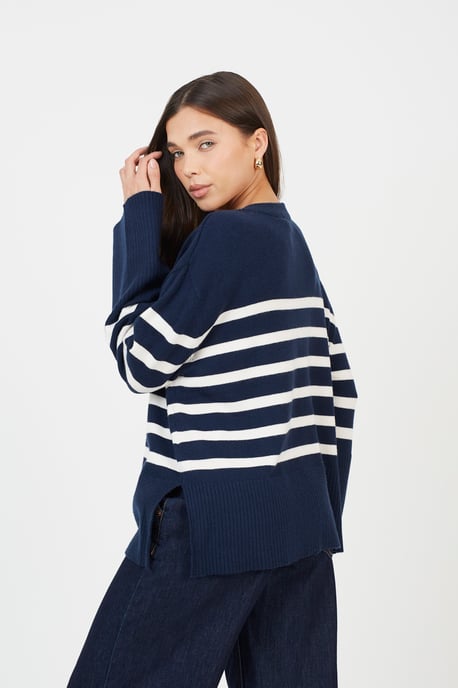 Navy Button Through V-Neck Stripe Cardigan