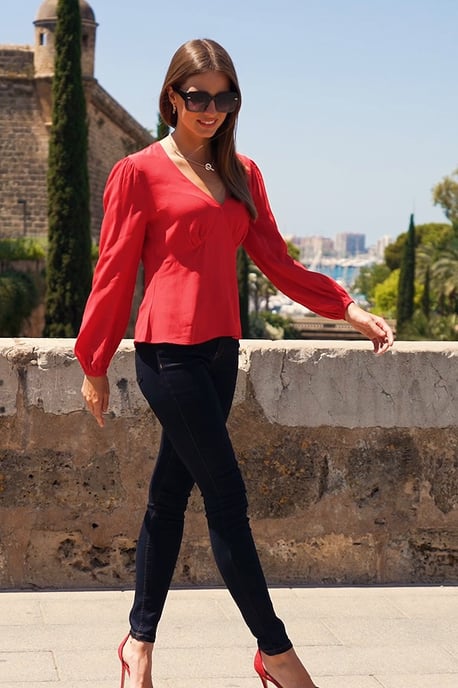 Red V Neck Ruched Shoulder Top