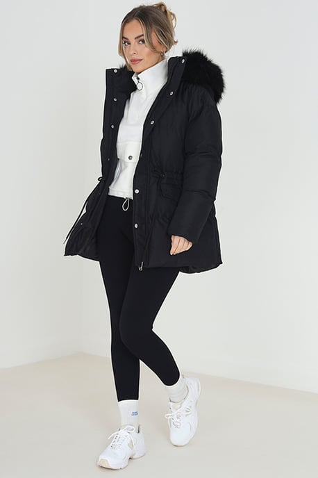 Black 'Narla' Mid Length Puffer Parka With Faux Fur Hood