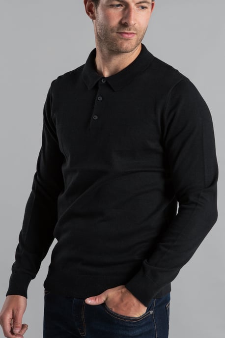 Black Cotton Knitted Long Sleeve Polo