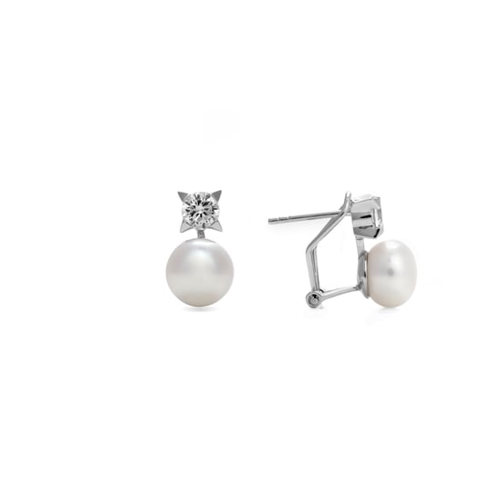 Luxenter oorbellen, met omega essential 925 sterling zilveren sluiting en witte parel met gerhodineerde afwerking - Image 1