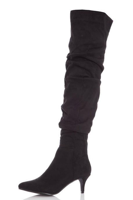 Black Faux Suede Knee High Heel Boots