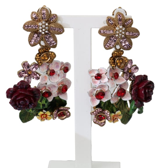 Dolce & Gabbana Women's Gold Crystal Floral Filigree Roses Red Bouquet Clip-on Earrings