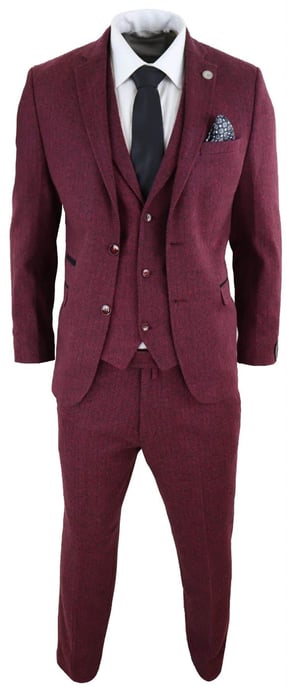Mens 3 Piece Wine Herringbone Wool Tweed Retro Suit