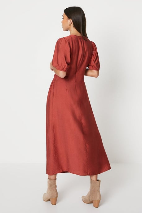 Petite Shirred Bodice Puff Sleeve Midi Dress