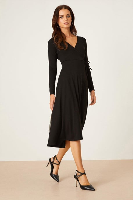 Petite Black Long Sleeve Wrap Midi Dress - Image 2