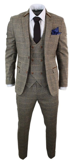 Heren 3-delig bruin visgraat tweed geruit pak - Image 2