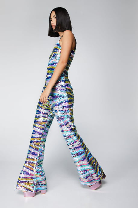 Premium Sequin Stripe One Shoulder Jumpsuit