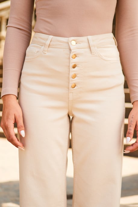 Ecru Button Front Wide Leg Jeans