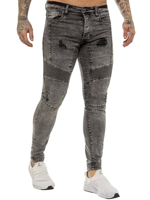 Enzo | Mens Skinny Stretch Biker Denim Jeans - Black Acid