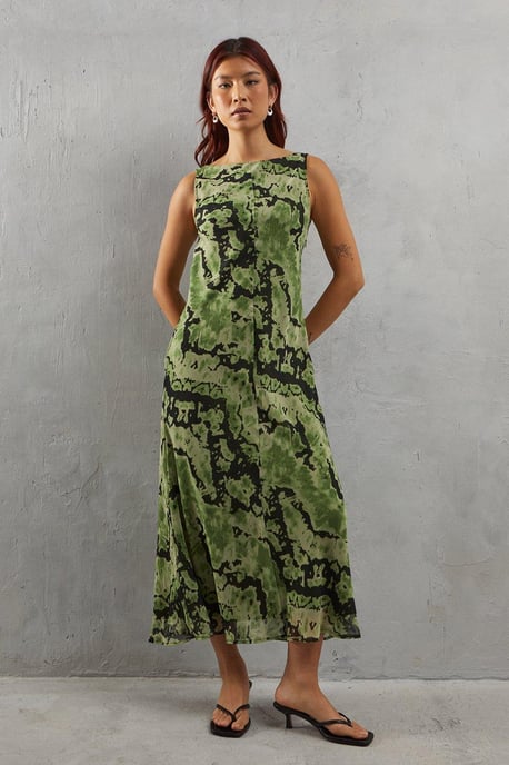 Abstract Chiffon Slash Neck Bias Sleeveless Midi Dress - Image 1