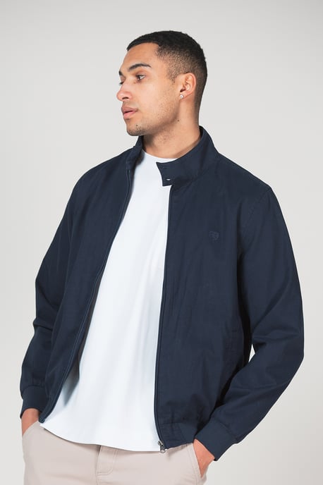 Navy Cotton Funnel Neck With Buttons Jacket