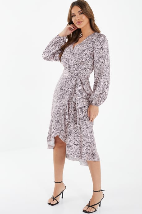 Pink Satin Animal Print Midi Dress