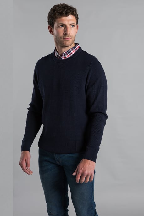 Dark Navy Mock Checked Shirt Crew Neck Jumper