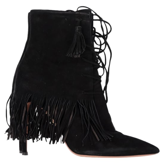 Aquazzura Mustang 105 Fringe Heeled Ankle Boots in Black Suede - Image 1