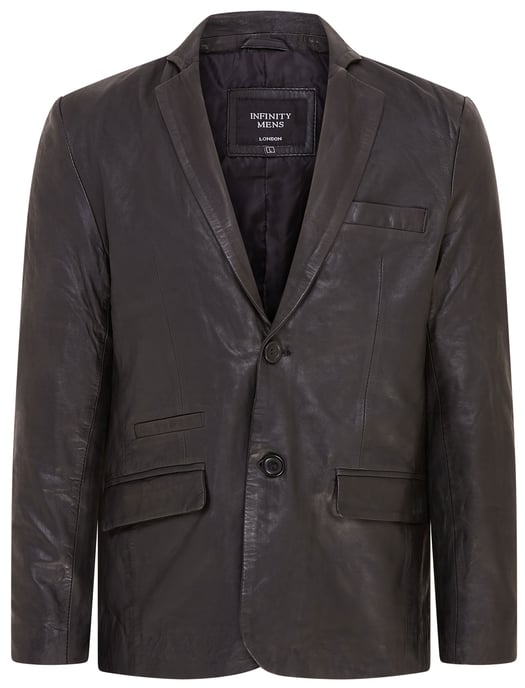 Mens Black Slim Leather Italian Blazer Jacket-Somero