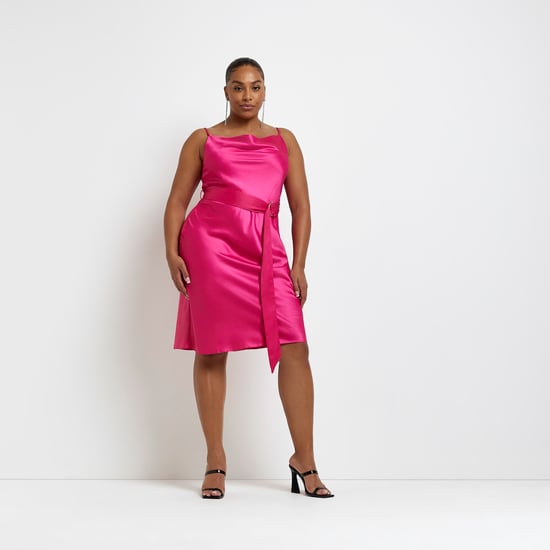 River Island Womens Slip Midi Dress Plus Pink Satin Belted